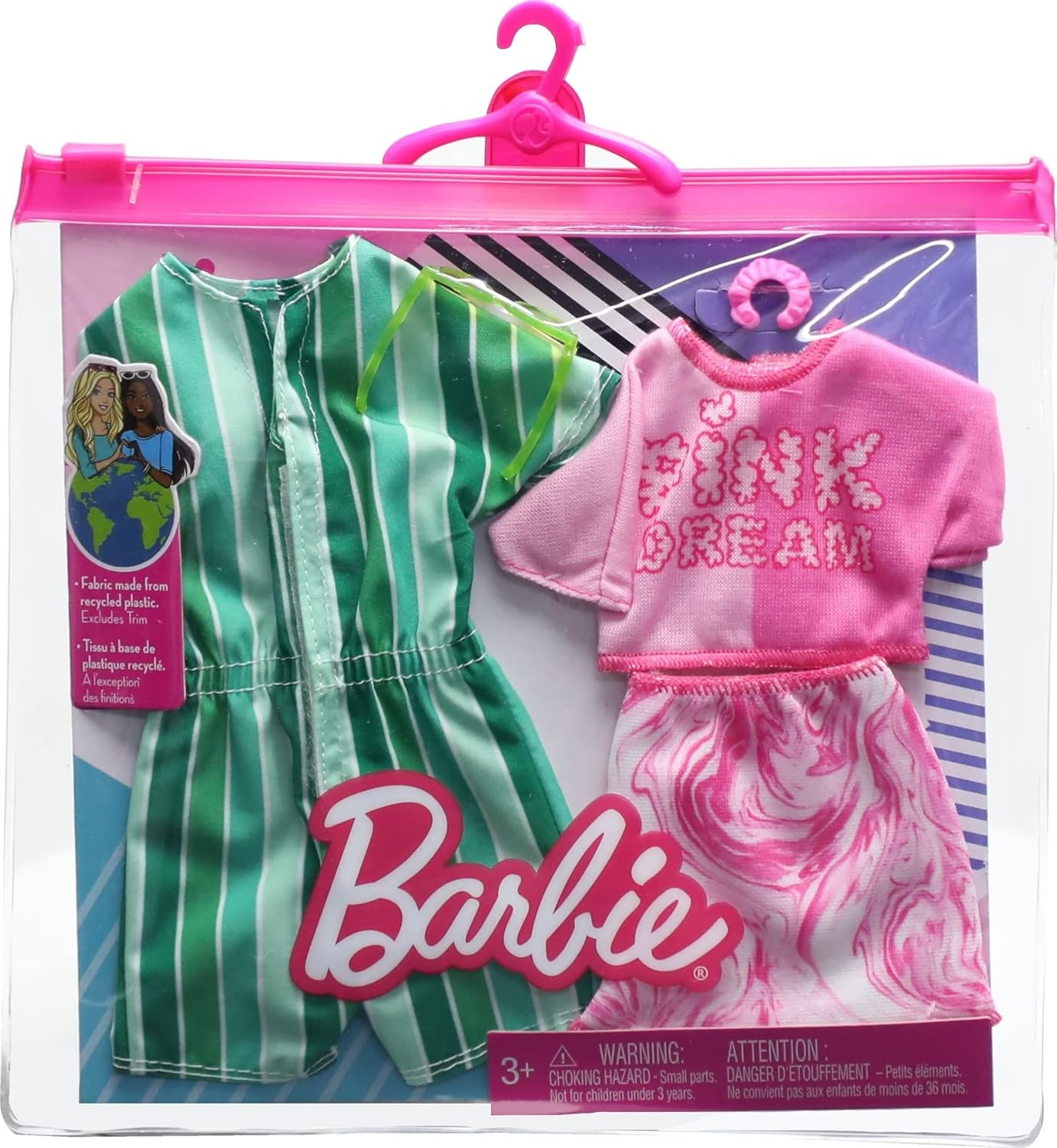 Barbie Fashions 2-Pack Clothing & Accessories Set, Pink Dream Top & Skirt, Striped Romper