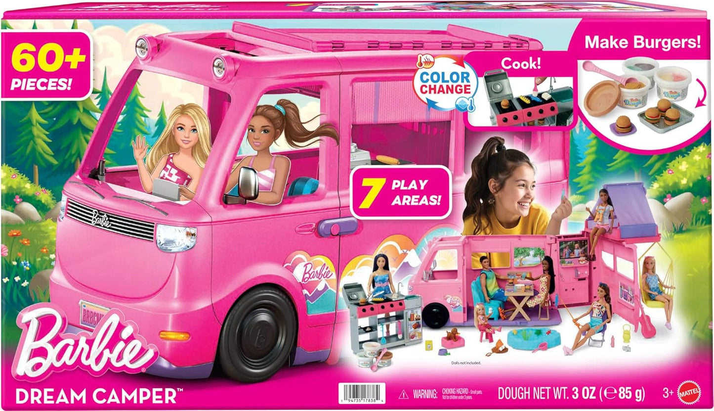 Barbie Dream Camper Playset with Roof Tent, Swing Chair, Fishing Pond, BBQ, Color-Change Feature, and 60+ Accessories