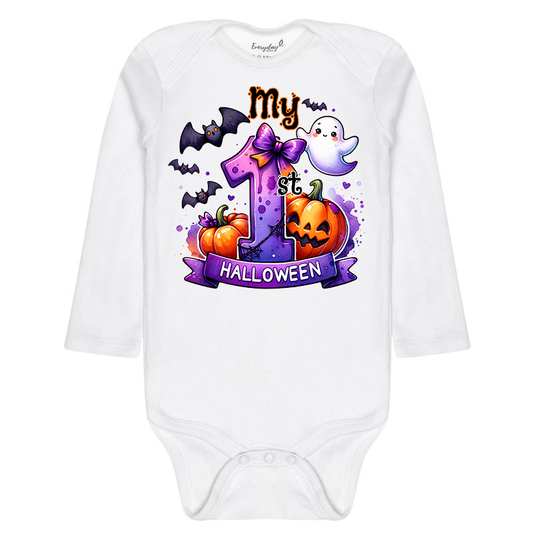 Everyday Kids “My 1st Halloween” Long Sleeve Baby Onesie – Cute Ghost, Pumpkin, and Bat Print – Soft Cotton Bodysuit for Newborns and Infants
