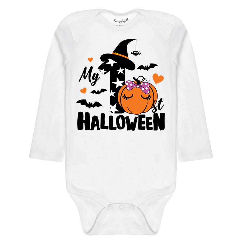 Everyday Kids “My 1st Halloween” Long Sleeve Baby Onesie – Cute Pumpkin and Witch Hat Design – Soft Cotton Bodysuit for Newborns and Infants