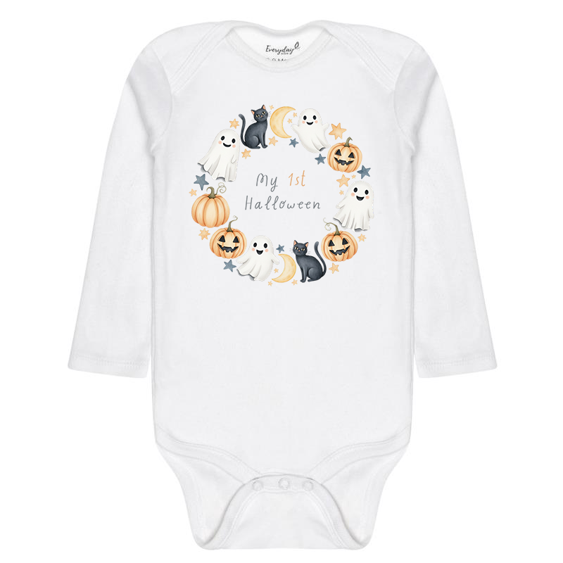 Everyday Kids “My 1st Halloween” Long Sleeve Baby Onesie – Cute Ghost and Pumpkin Print – Soft Cotton Bodysuit for Newborns and Infants