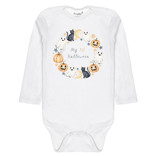 Everyday Kids “My 1st Halloween” Long Sleeve Baby Onesie – Cute Ghost and Pumpkin Print – Soft Cotton Bodysuit for Newborns and Infants