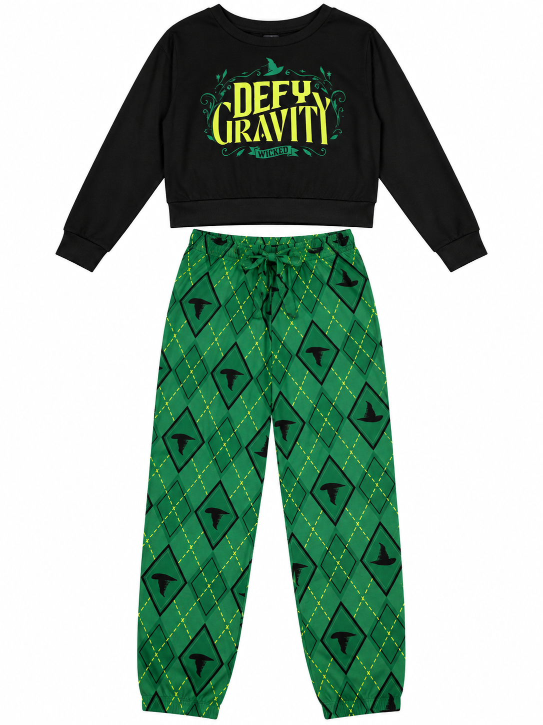Wicked Defy Gravity Women's Pajama Set Black Long Sleeve Cropped Top and Green Argyle Jogger Pants Sizes S-XL