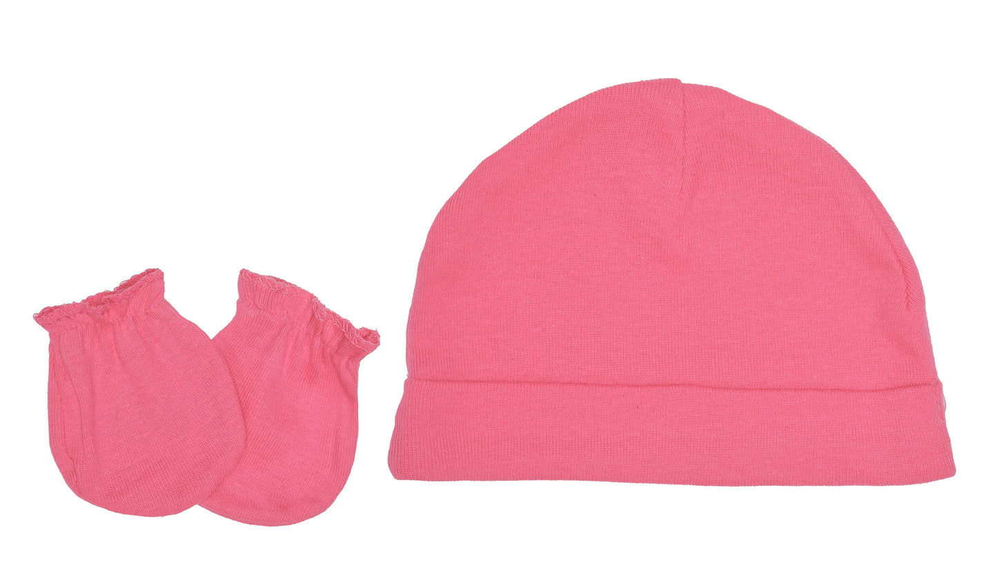 EVERYDAY KIDS 4 Pack of Baby No Scratch Mitten Pairs for Newborns and 4 Pack Baby Girl Hats; Newborn Hats for Girls in Light and Dark Solid Pink and Prints with Polka Dots and Owls and Fox Animals