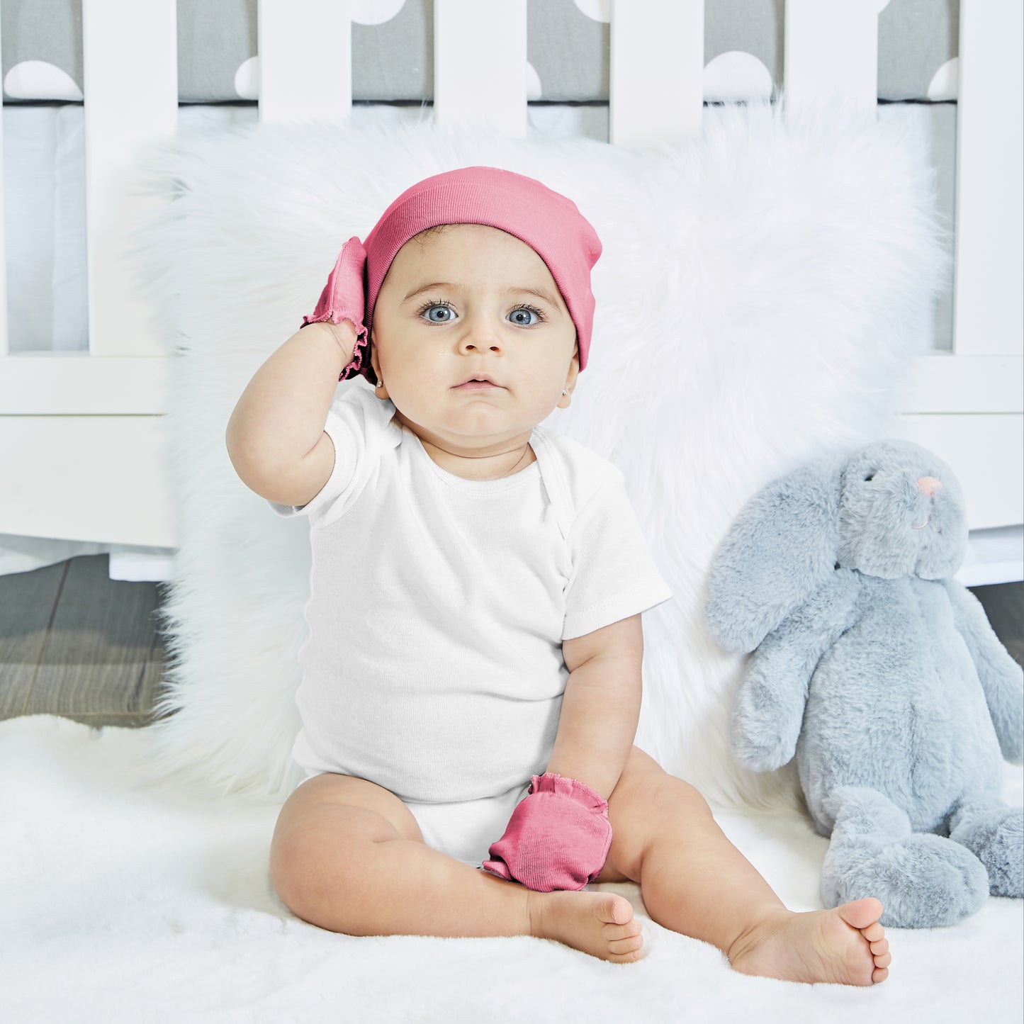 EVERYDAY KIDS 4 Pack of Baby No Scratch Mitten Pairs for Newborns and 4 Pack Baby Girl Hats; Newborn Hats for Girls in Light and Dark Solid Pink and Prints with Polka Dots and Owls and Fox Animals