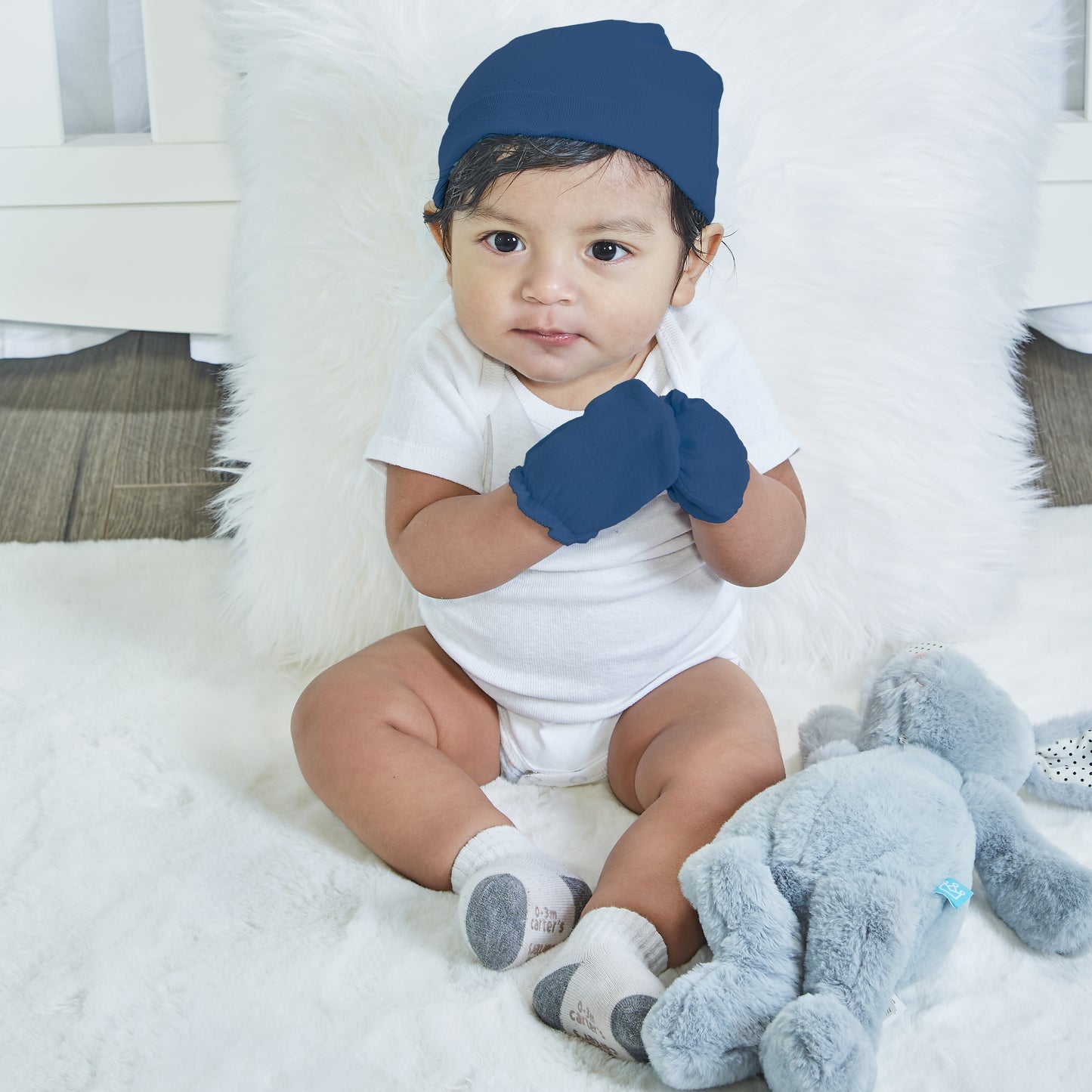 EVERYDAY KIDS 4 Pack of Baby No Scratch Mitten Pairs for Newborns and 4 Pack Baby Boy Hats; Newborn Hats for Boys in Light and Dark Solid Blue and Prints with Stripes and Woodland Fox and Bear Animals