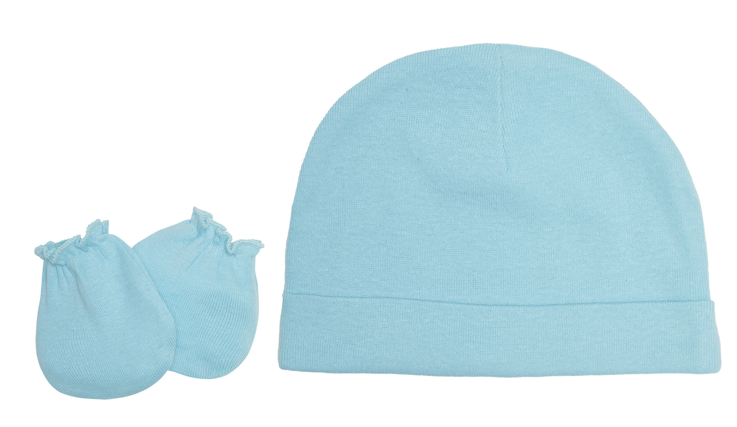 EVERYDAY KIDS 4 Pack of Baby No Scratch Mitten Pairs for Newborns and 4 Pack Baby Boy Hats; Newborn Hats for Boys in Light and Dark Solid Blue and Prints with Stripes and Woodland Fox and Bear Animals