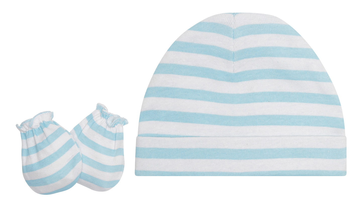 EVERYDAY KIDS 4 Pack of Baby No Scratch Mitten Pairs for Newborns and 4 Pack Baby Boy Hats; Newborn Hats for Boys in Light and Dark Solid Blue and Prints with Stripes and Woodland Fox and Bear Animals
