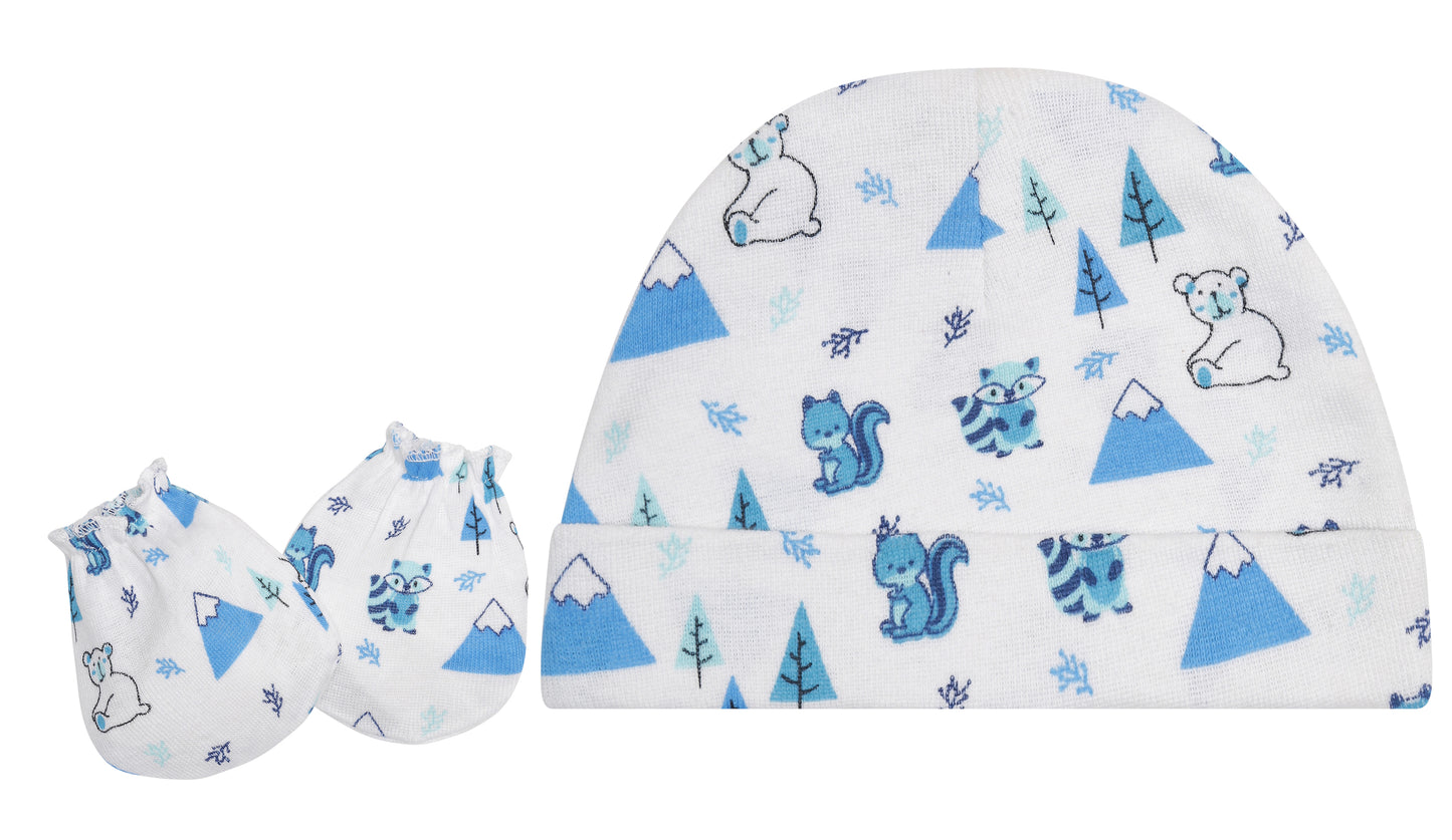 EVERYDAY KIDS 4 Pack of Baby No Scratch Mitten Pairs for Newborns and 4 Pack Baby Boy Hats; Newborn Hats for Boys in Light and Dark Solid Blue and Prints with Stripes and Woodland Fox and Bear Animals