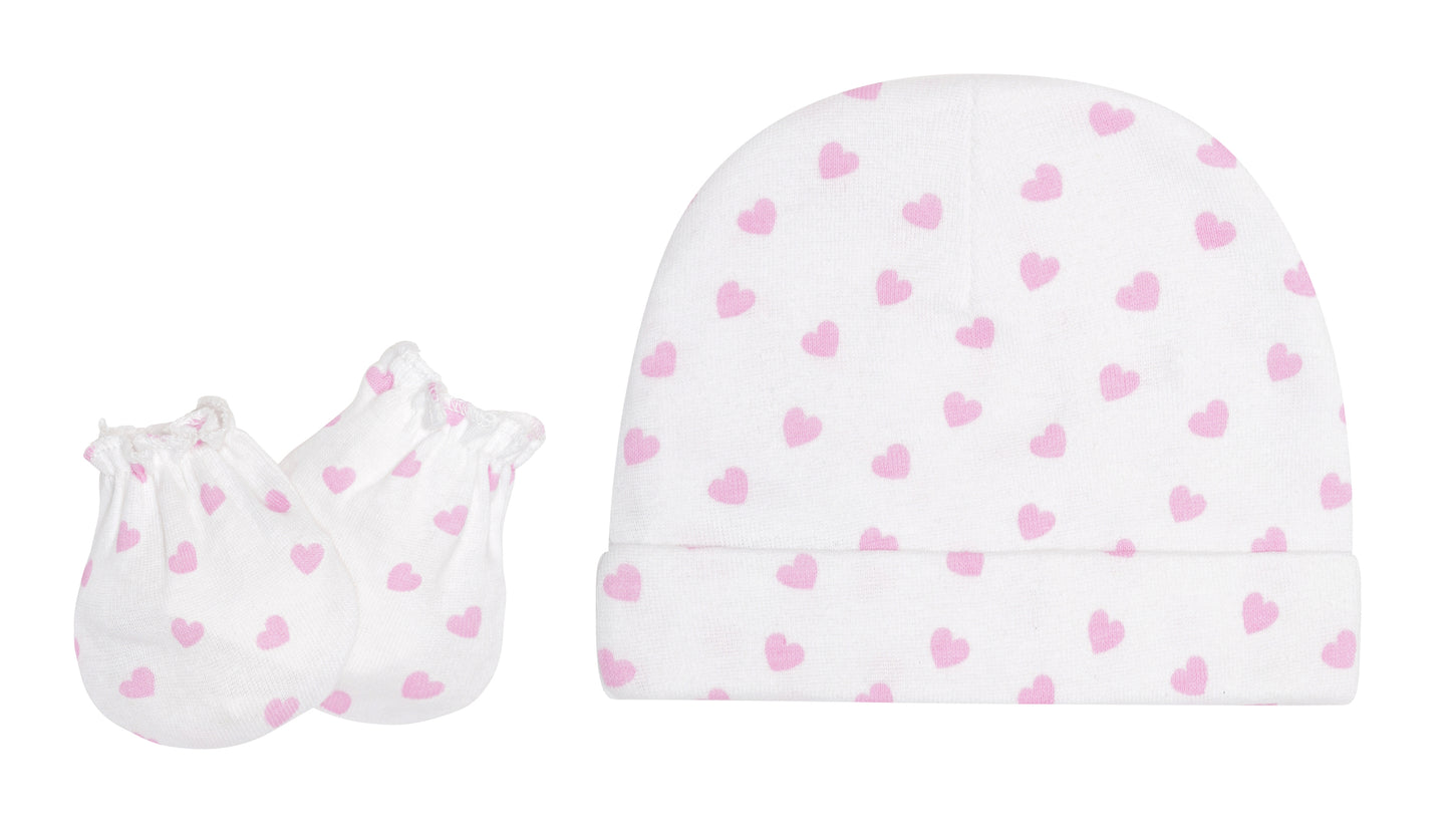 EVERYDAY KIDS 4 Pack of Baby No Scratch Mitten Pairs for Newborns and 4 Pack Baby Girl Hats; Newborn Hats for Girls in Light and Dark Solid Pink and Prints with Hearts and Celestial Stars, Clouds and Moons