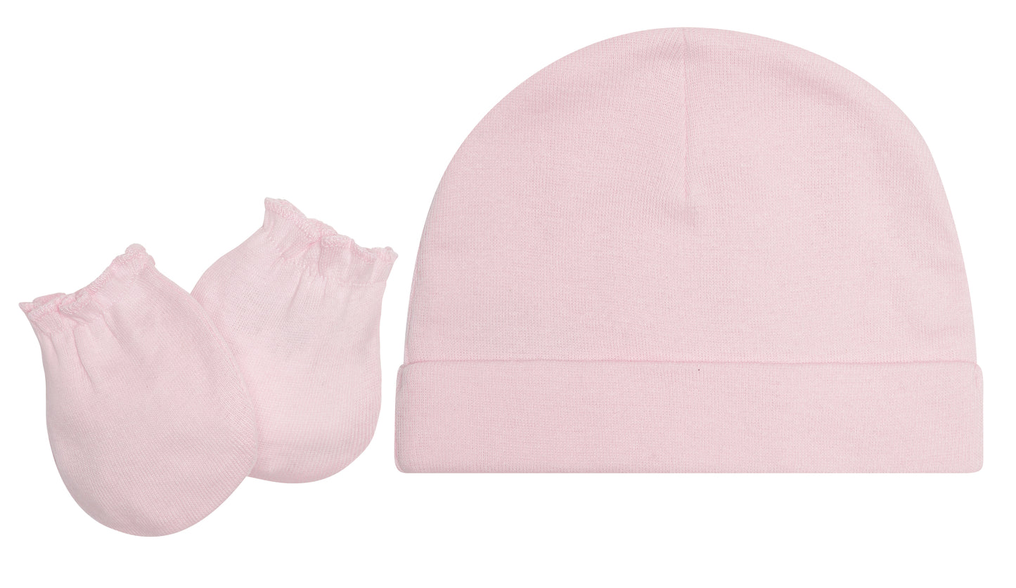 EVERYDAY KIDS 4 Pack of Baby No Scratch Mitten Pairs for Newborns and 4 Pack Baby Girl Hats; Newborn Hats for Girls in Light and Dark Solid Pink and Prints with Polka Dots and Owls and Fox Animals