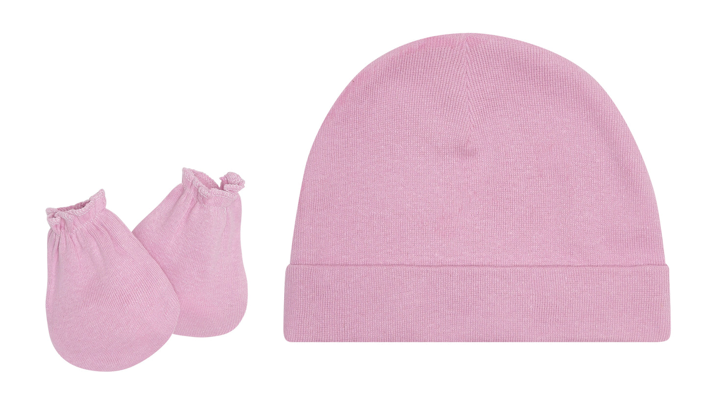 EVERYDAY KIDS 4 Pack of Baby No Scratch Mitten Pairs for Newborns and 4 Pack Baby Girl Hats; Newborn Hats for Girls in Light and Dark Solid Pink and Prints with Hearts and Celestial Stars, Clouds and Moons