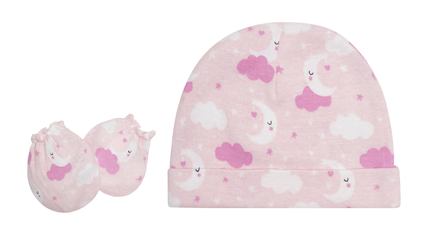 EVERYDAY KIDS 4 Pack of Baby No Scratch Mitten Pairs for Newborns and 4 Pack Baby Girl Hats; Newborn Hats for Girls in Light and Dark Solid Pink and Prints with Hearts and Celestial Stars, Clouds and Moons