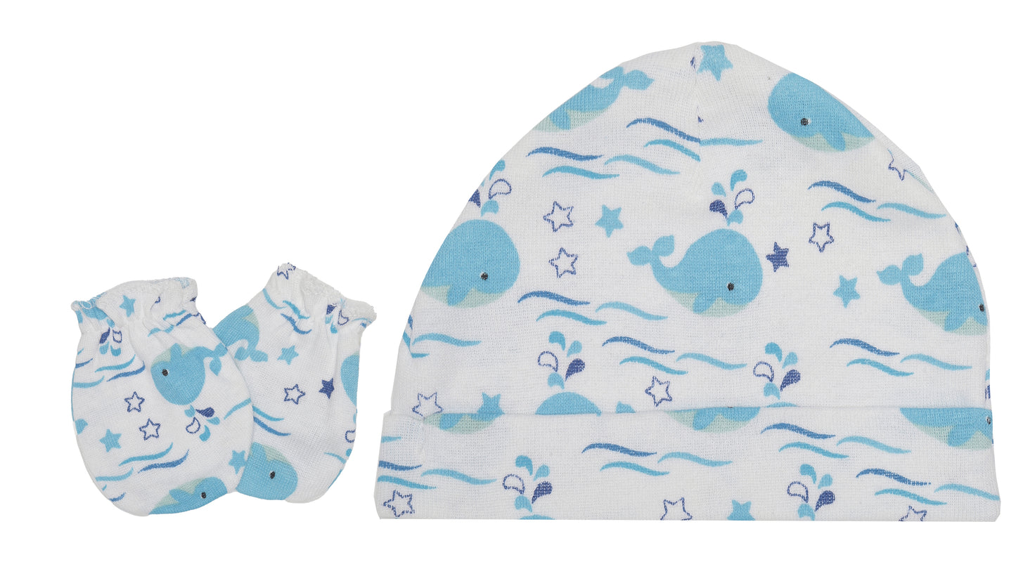 EVERYDAY KIDS 4 Pack of Baby No Scratch Mitten Pairs for Newborns and 4 Pack Baby Boy Hats; Newborn Hats for Boys in Light and Dark Solid Blue and Prints with Beach Whales and Celestial Stars