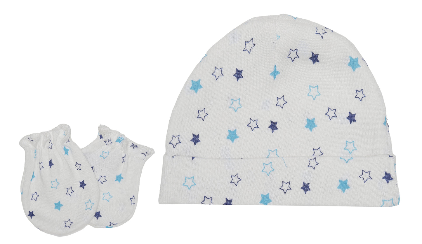 EVERYDAY KIDS 4 Pack of Baby No Scratch Mitten Pairs for Newborns and 4 Pack Baby Boy Hats; Newborn Hats for Boys in Light and Dark Solid Blue and Prints with Beach Whales and Celestial Stars