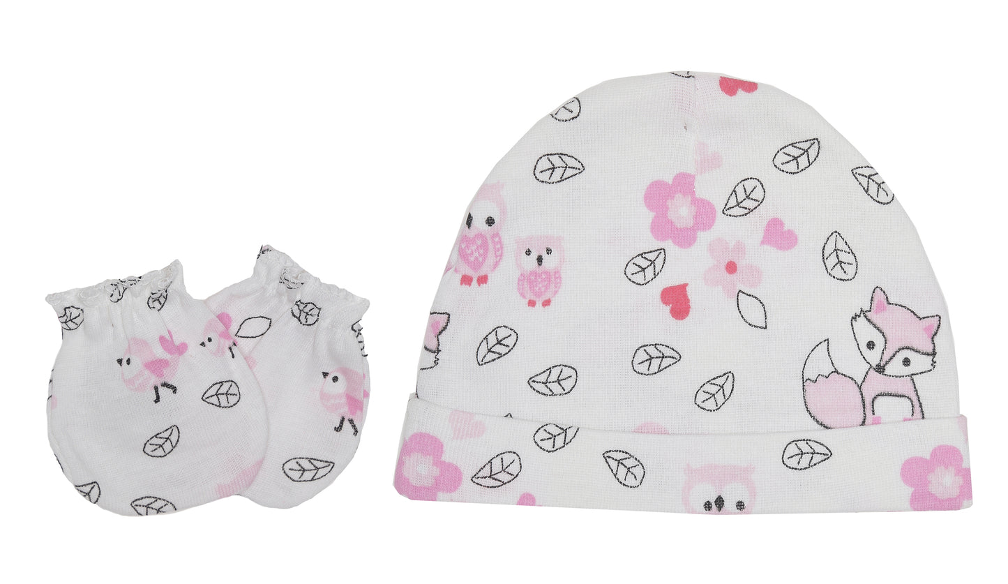 EVERYDAY KIDS 4 Pack of Baby No Scratch Mitten Pairs for Newborns and 4 Pack Baby Girl Hats; Newborn Hats for Girls in Light and Dark Solid Pink and Prints with Polka Dots and Owls and Fox Animals