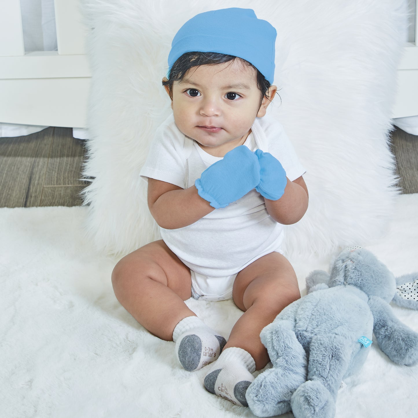 EVERYDAY KIDS 4 Pack of Baby No Scratch Mitten Pairs for Newborns and 4 Pack Baby Boy Hats; Newborn Hats for Boys in Light and Dark Solid Blue and Prints with Beach Whales and Celestial Stars
