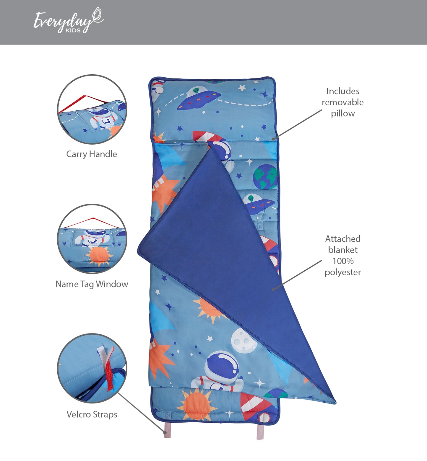 Outer Space Adventures Nap Mat with velcro w strap view