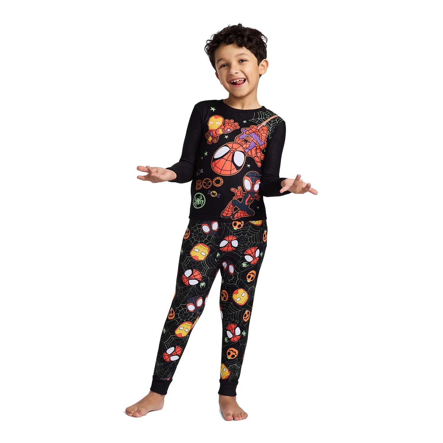 Marvel Spider-Man Halloween Boys 2-Piece Cotton Pajama Set, Spidey Ghost-Spider and Iron Man Graphic Top and Pants, Black