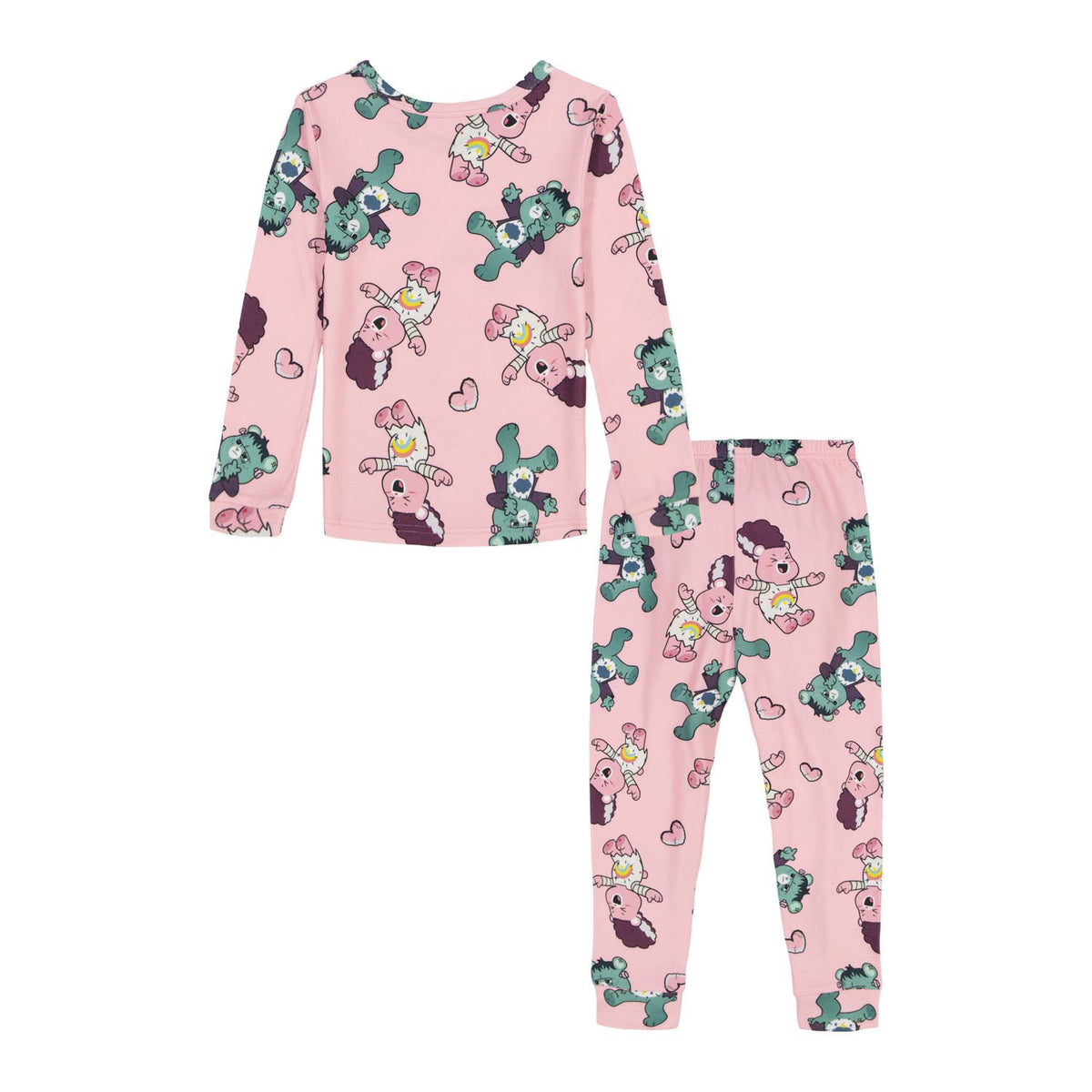 Care Bears Toddler Girls Pink Long Sleeve Pajama Set with Frankenstein and Bride Bear Print Top and Jogger Pants