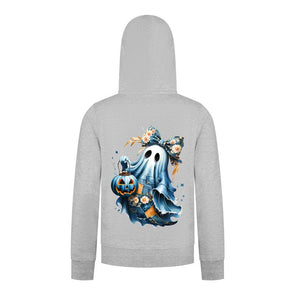 Everyday Kids “Coquette Ghost” Halloween Zip Up Hoodie – Cute Floral Bow Ghost with Pumpkin Lantern – Cozy Fall Sweatshirt for Girls, Heather Gray