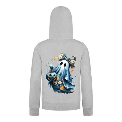 Everyday Kids “Coquette Ghost” Halloween Pullover Hoodie – Cute Floral Bow Ghost with Pumpkin Lantern – Cozy Fall Sweatshirt for Girls, Heather Gray