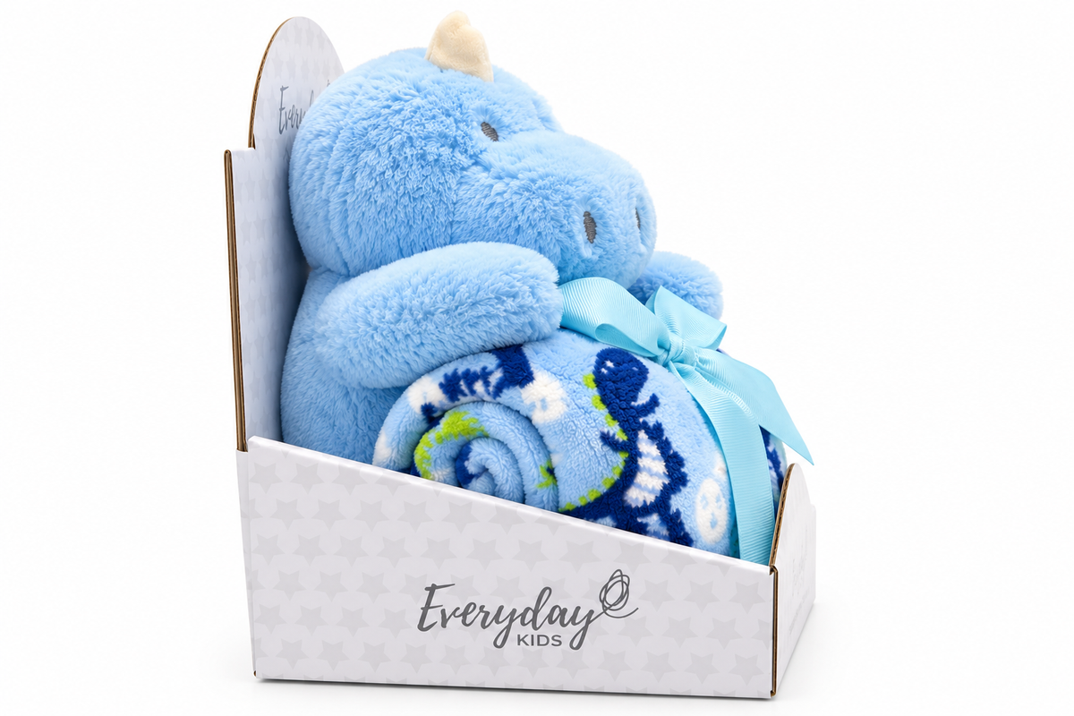 Everyday Kids Fleece Baby Blanket with Plush Blue Dinosaur Toy Gift Set, Soft Dino Print Throw, 36 x 30 Inches