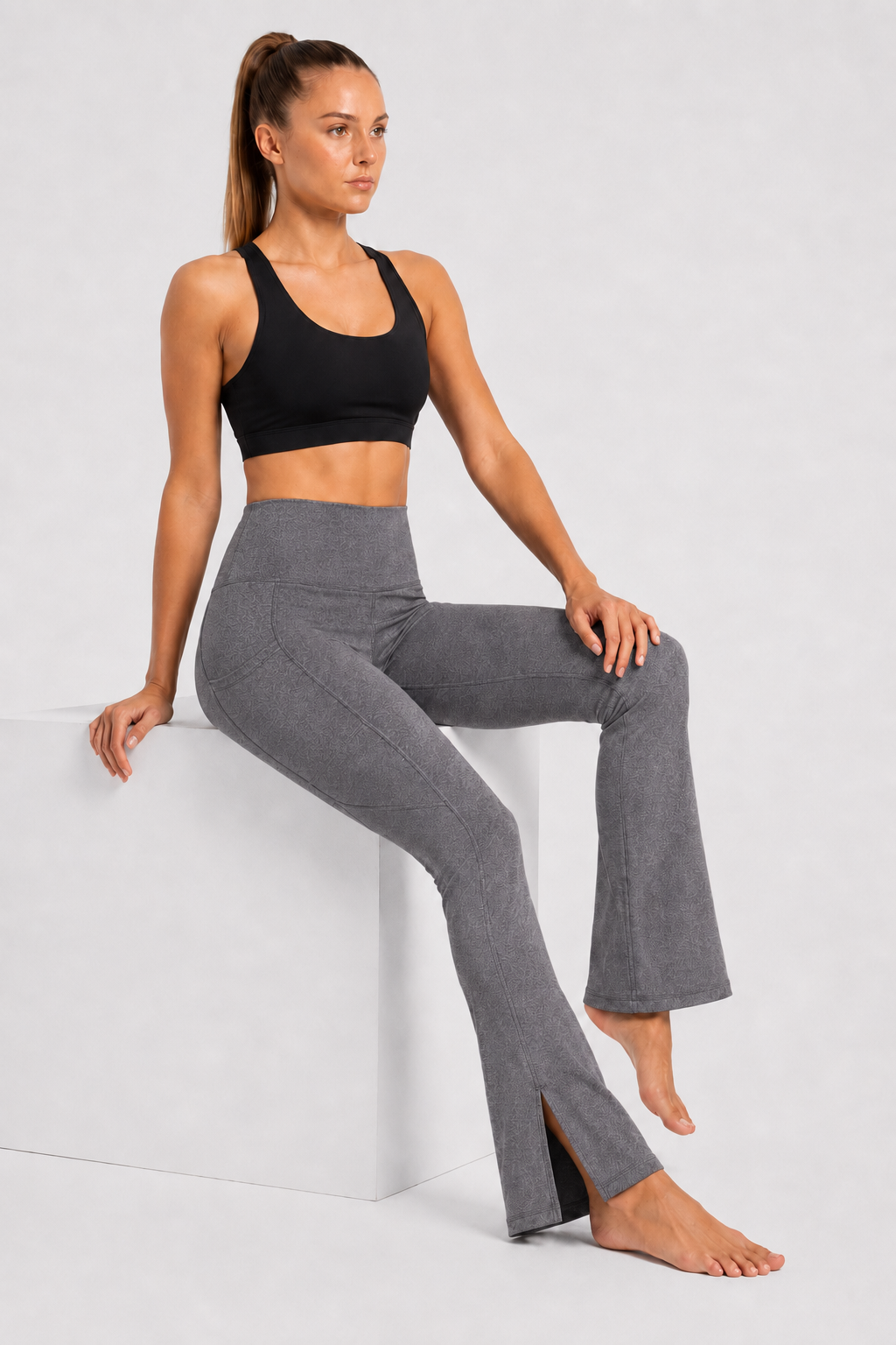 New York Laundry Women's High-Waisted Flare Yoga Pants with Side Pockets and Hem Slits, Heather Grey