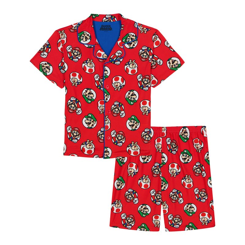 Super Mario Boys 2-Piece Short Sleeve Button-Front Pajama Set with Mario, Luigi and Toad Print, Red and Blue, Sizes 4-10