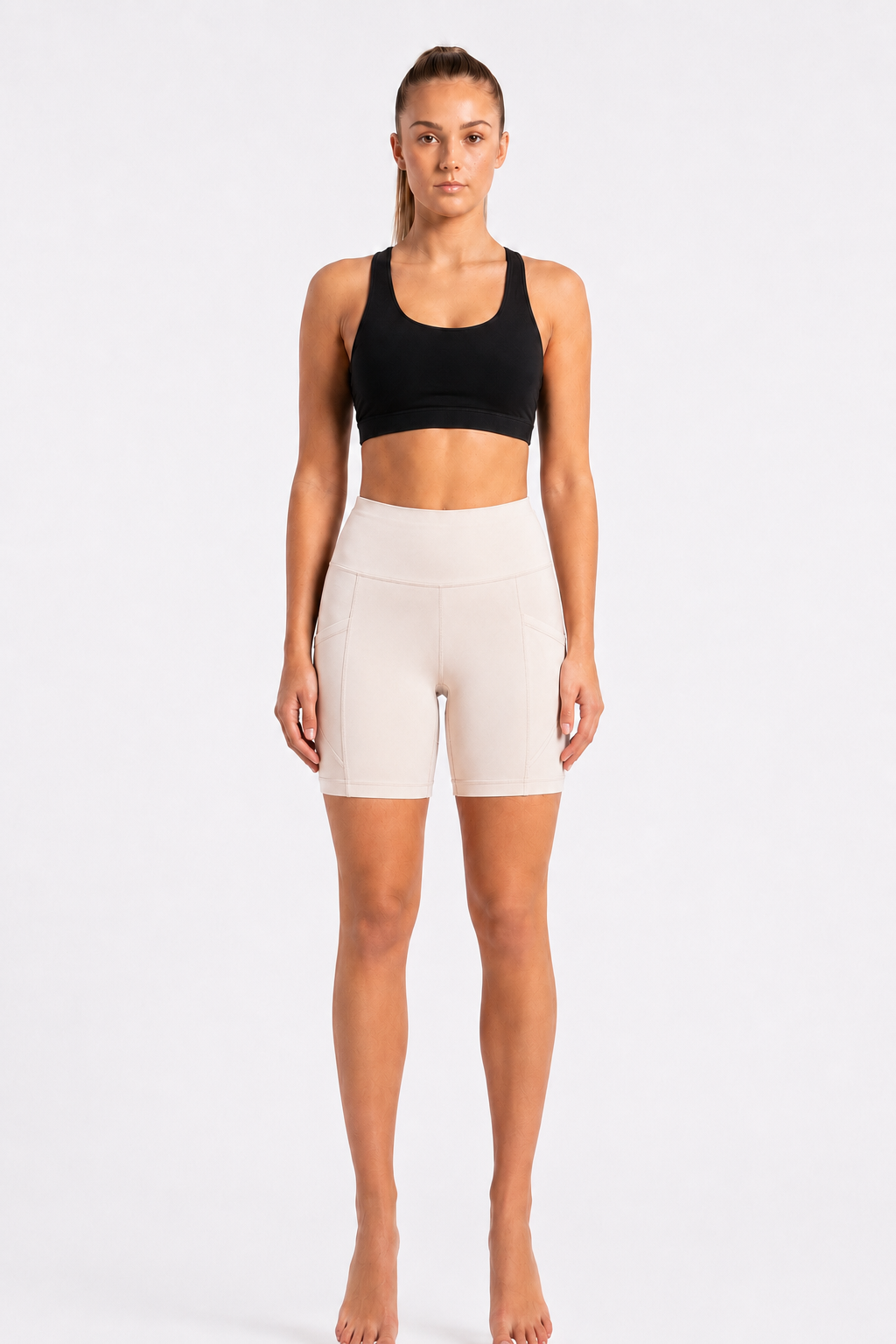 New York Laundry Women's 7-Inch High-Waisted Biker Shorts with Side Pockets, Cream / Beige