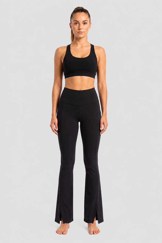 New York Laundry Women's High-Waisted Flare Yoga Pants with Side Pockets and Hem Slits, Jet Black