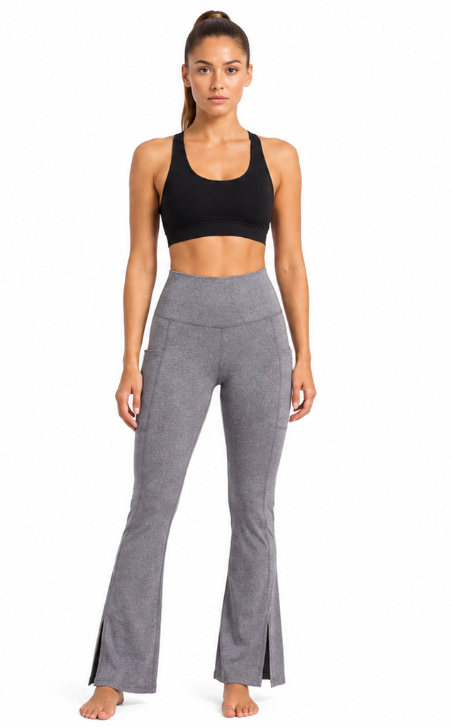 New York Laundry Women's High-Waisted Flare Yoga Pants with Side Pockets and Hem Slits, Heather Grey