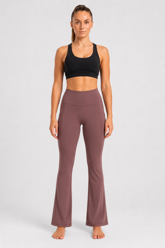 New York Laundry Women's High-Waisted Flare Yoga Pants with Side Pockets and Hem Slits, Mauve / Brown