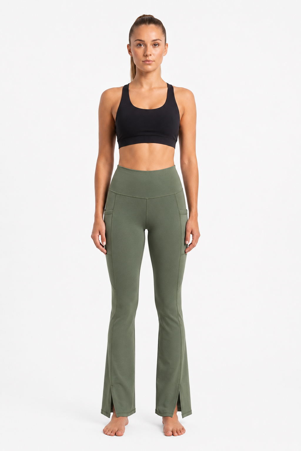 New York Laundry Women's High-Waisted Flare Yoga Pants with Side Pockets and Hem Slits, Olive Green
