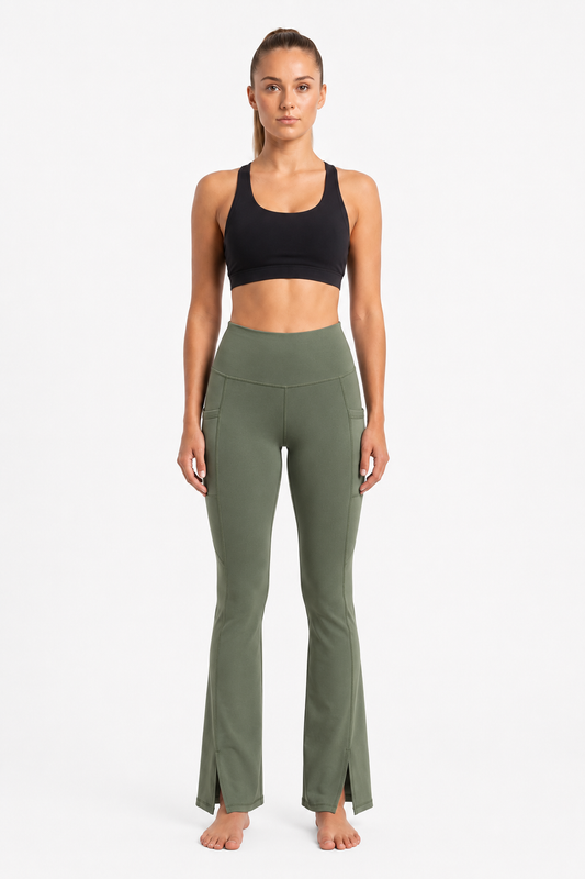 New York Laundry Women's High-Waisted Flare Yoga Pants with Side Pockets and Hem Slits, Olive Green