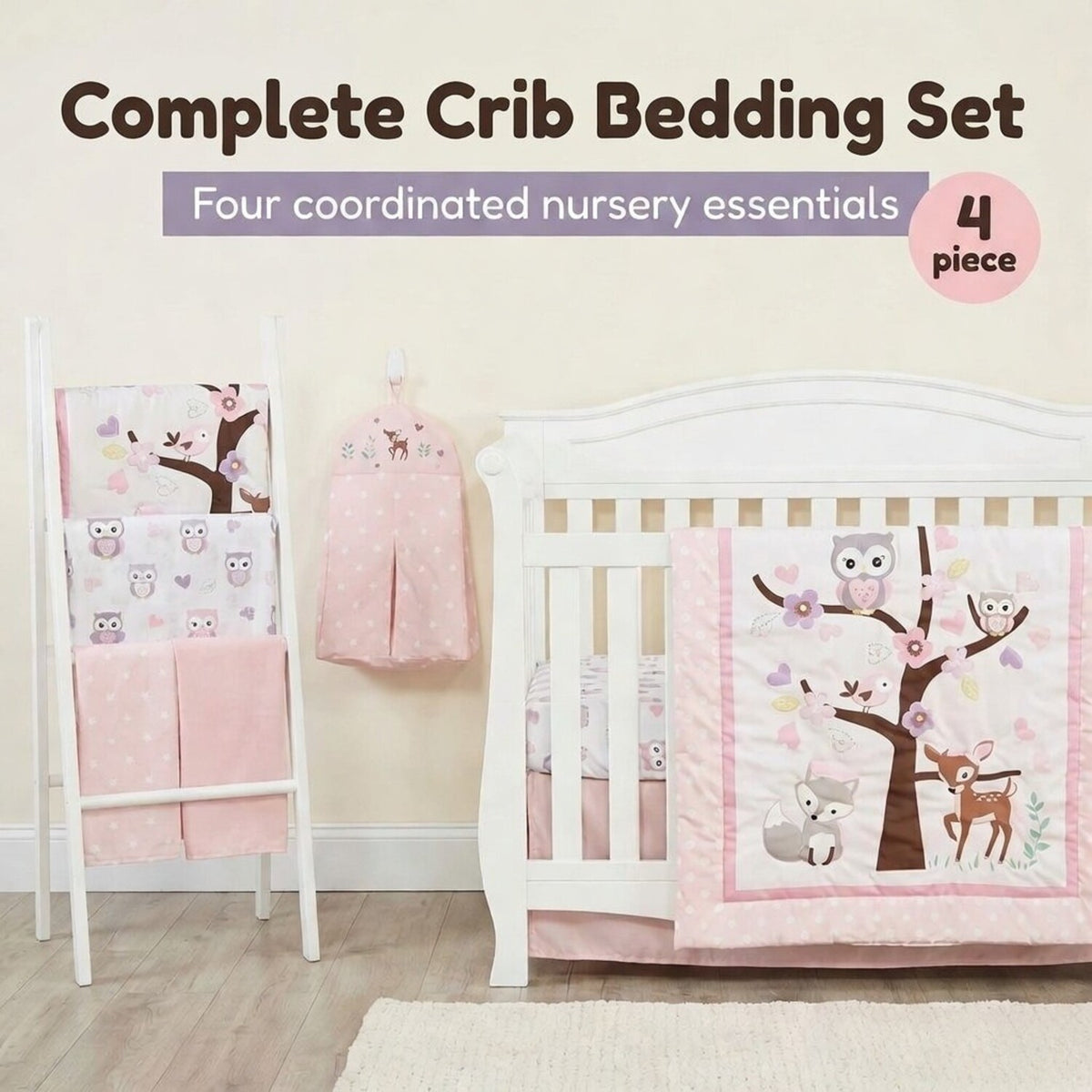 4 Piece Girls Crib Bedding Set - Woodland Owls
