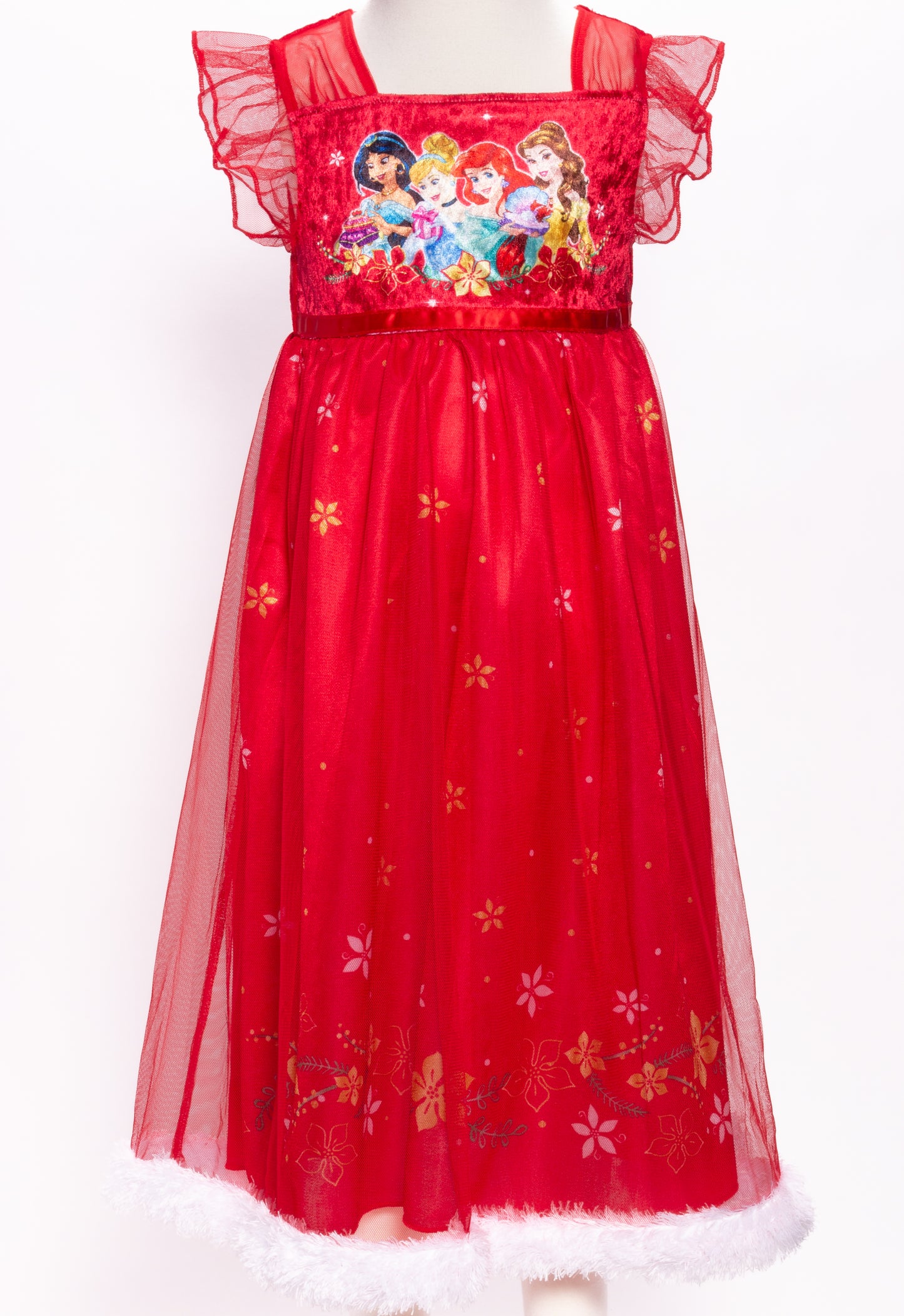 Disney Princess Girls Red Nightgown Sleepwear with Tulle Overlay – Soft Character Pajamas for Kids