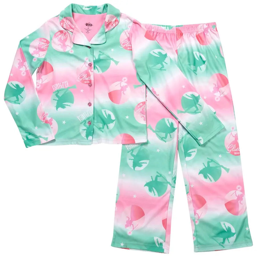 Wicked Glinda and Elphaba Girls 2-Piece Button-Up Pajama Set, Pink and Mint Ombre Print, Long Sleeve Top and Pants, Sizes 4-10