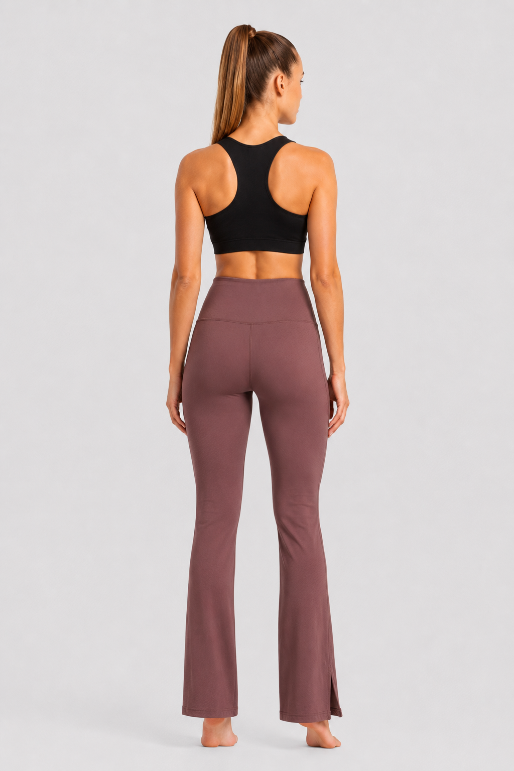 New York Laundry Women's High-Waisted Flare Yoga Pants with Side Pockets and Hem Slits, Mauve / Brown