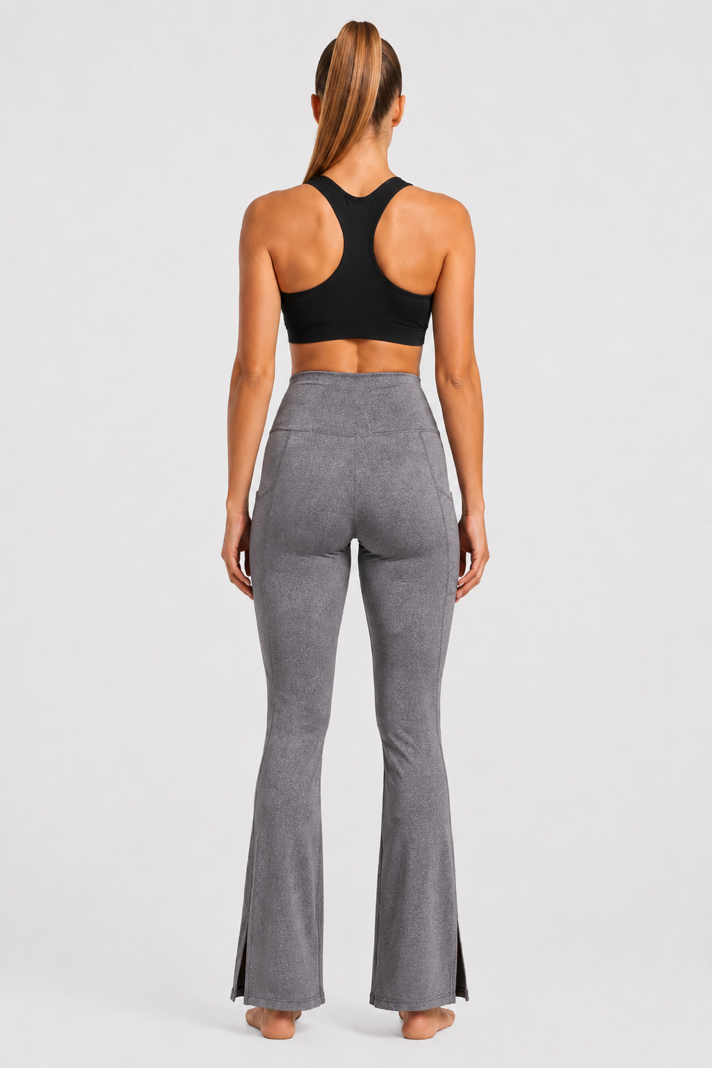 New York Laundry Women's High-Waisted Flare Yoga Pants with Side Pockets and Hem Slits, Heather Grey