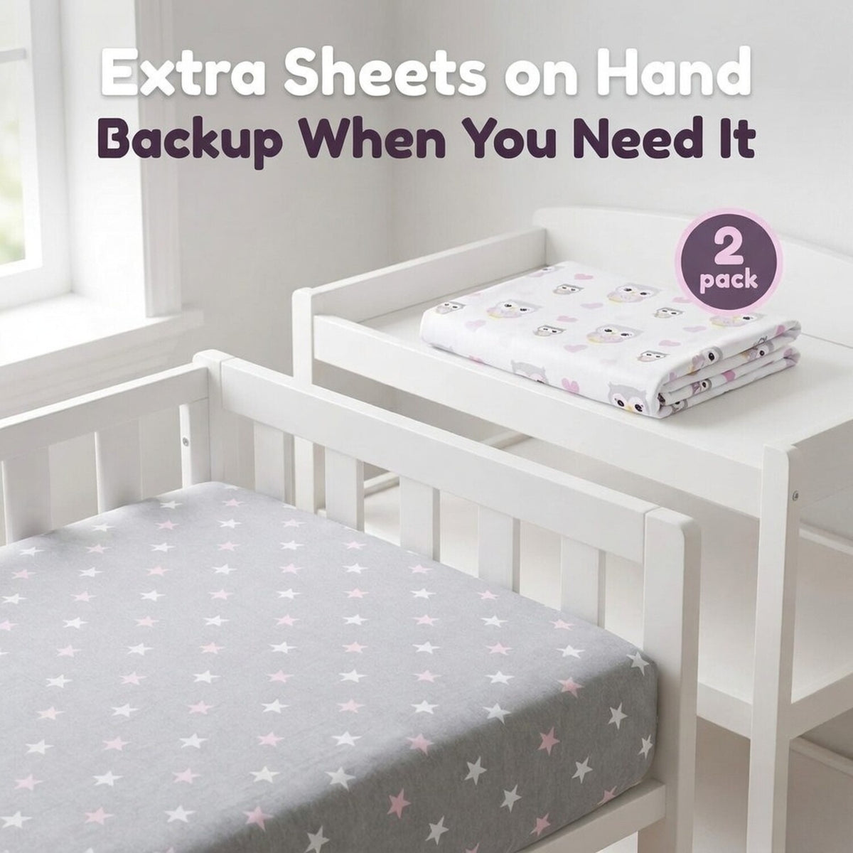 2 Pack Fitted Crib Sheet - Owls/Stars