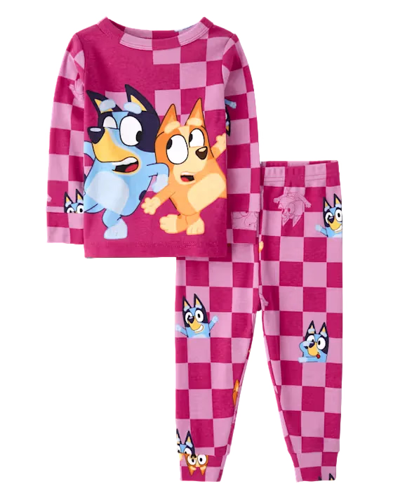 Bluey Toddler Girls Long Sleeve Pajama Set with Bluey and Bingo Pink Checkerboard Print, 2-Piece Top and Pants, Size 2T