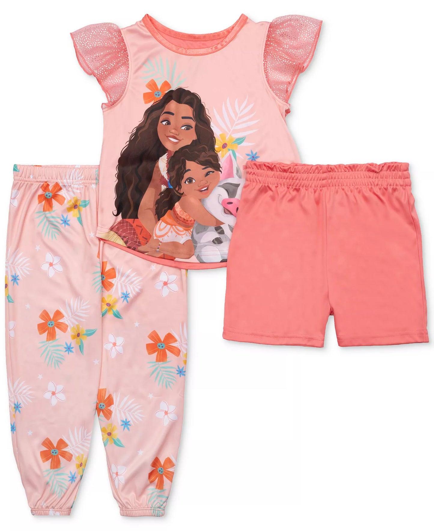 Disney Moana Toddler Girls 3-Piece Pajama Set – Short Sleeve Top, Long Pants and Shorts Character Sleepwear