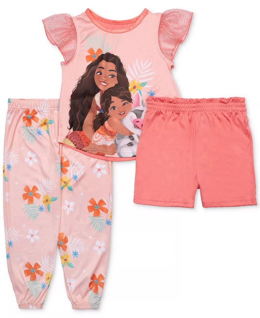 Disney Moana Toddler Girls 3-Piece Pajama Set – Short Sleeve Top, Long Pants and Shorts Character Sleepwear