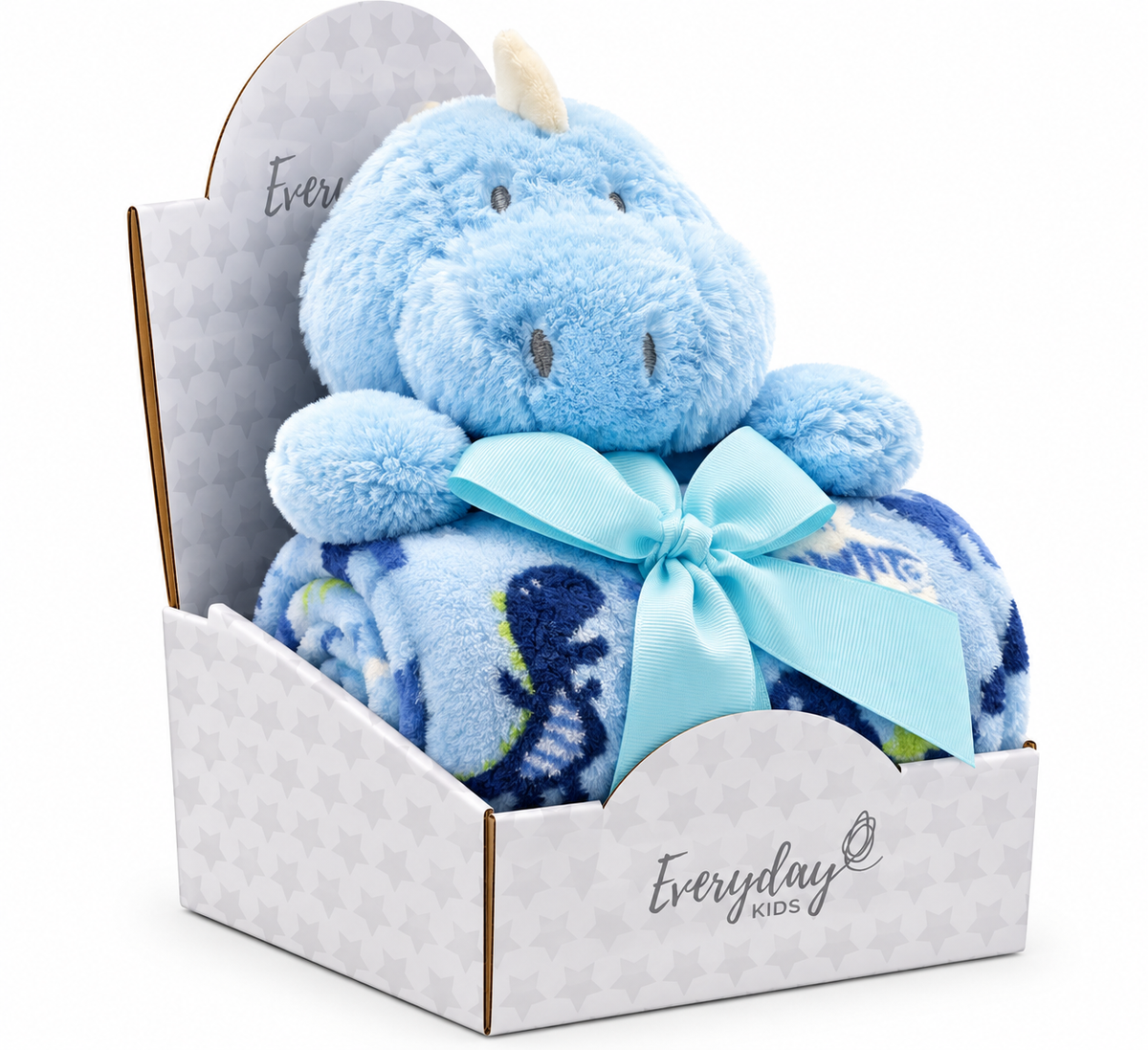 Everyday Kids Fleece Baby Blanket with Plush Blue Dinosaur Toy Gift Set, Soft Dino Print Throw, 36 x 30 Inches