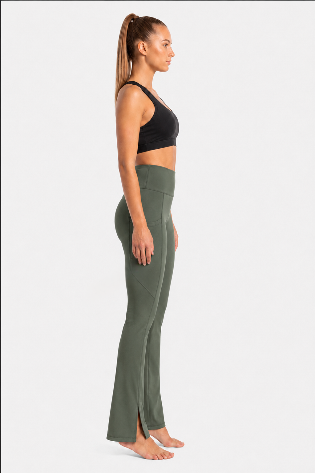 New York Laundry Women's High-Waisted Flare Yoga Pants with Side Pockets and Hem Slits, Olive Green