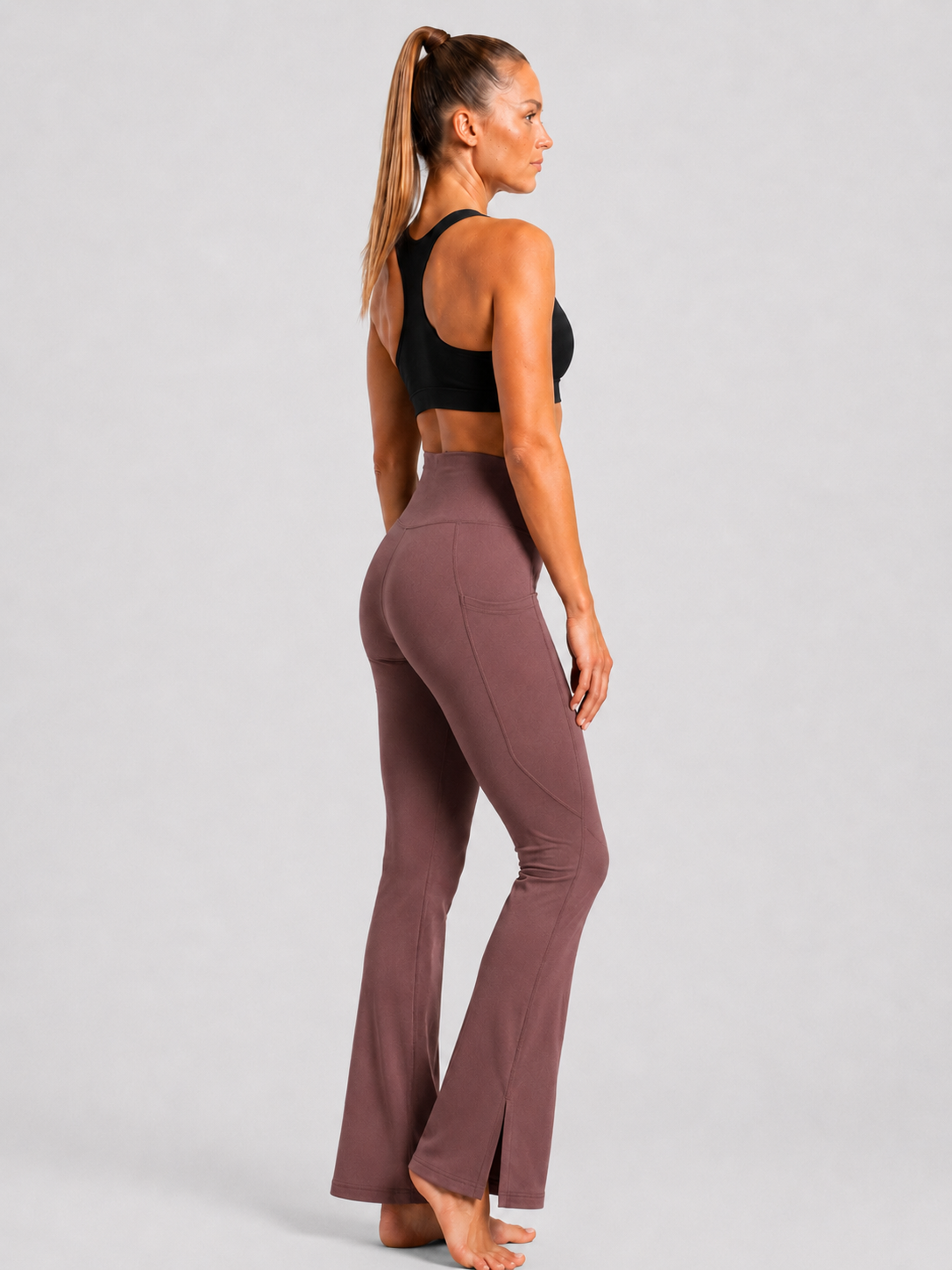 New York Laundry Women's High-Waisted Flare Yoga Pants with Side Pockets and Hem Slits, Mauve / Brown