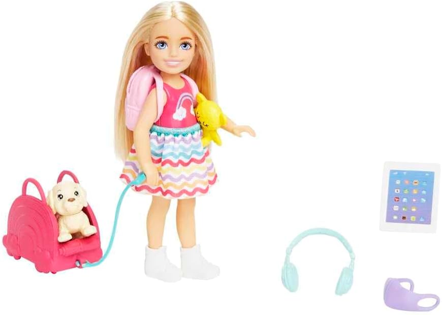 Barbie Travel Chelsea Doll Playset with Backpack, Tablet, Headphones, Puppy, and Accessories