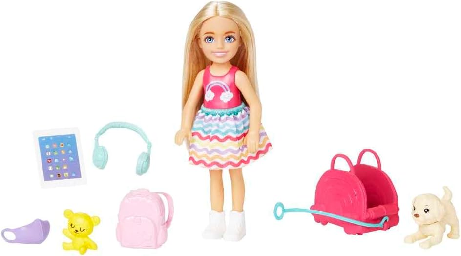 Barbie Travel Chelsea Doll Playset with Backpack, Tablet, Headphones, Puppy, and Accessories