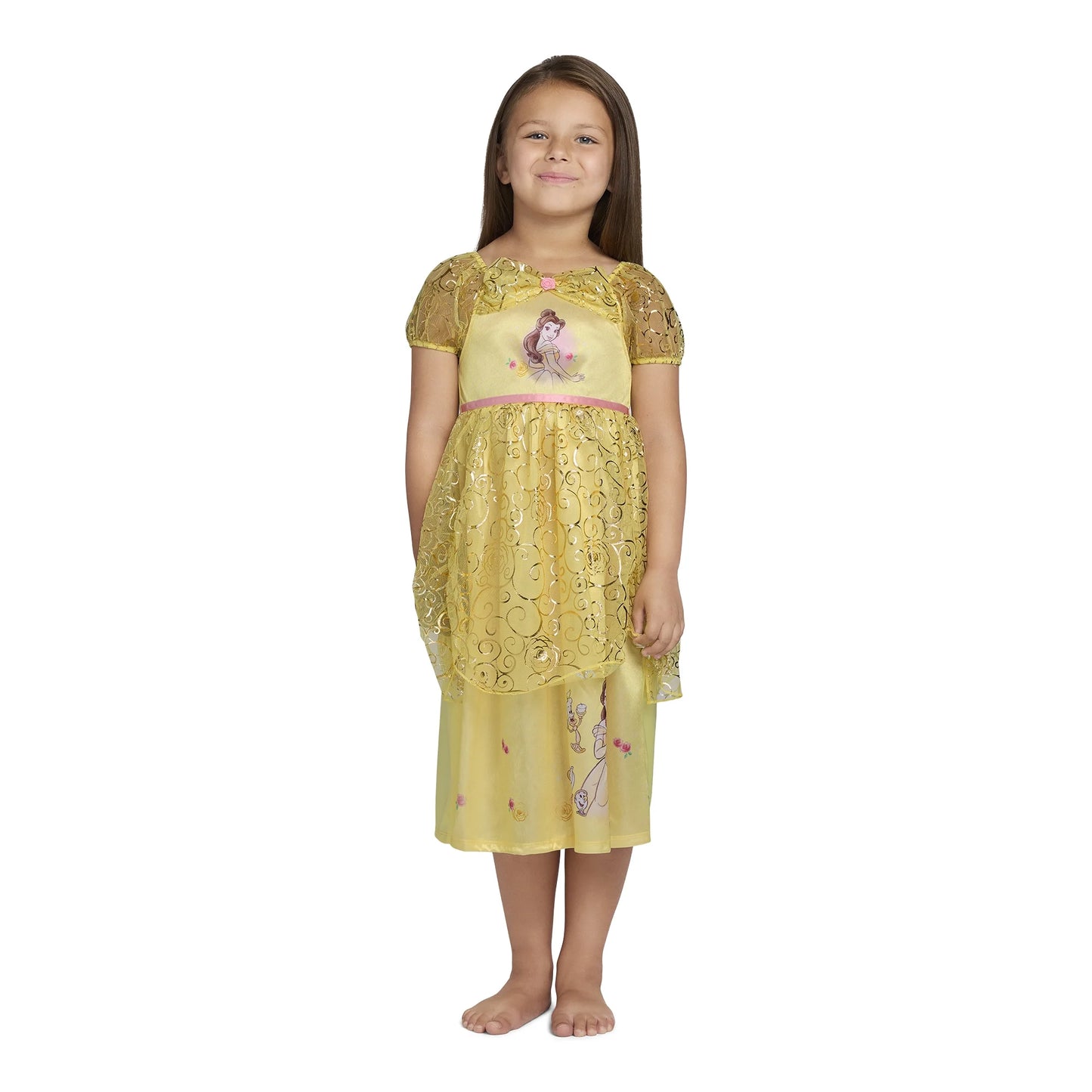 Disney Princess Belle Girls Yellow Nightgown with Gold Overlay Short Sleeve Sleep Dress